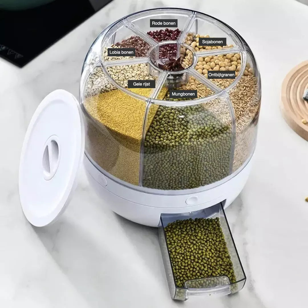 De 360 graden roterende rijst dispenser in de kleur wit. De dispenser heeft zes vakken voor voedsel en is ongedierte bestendig.