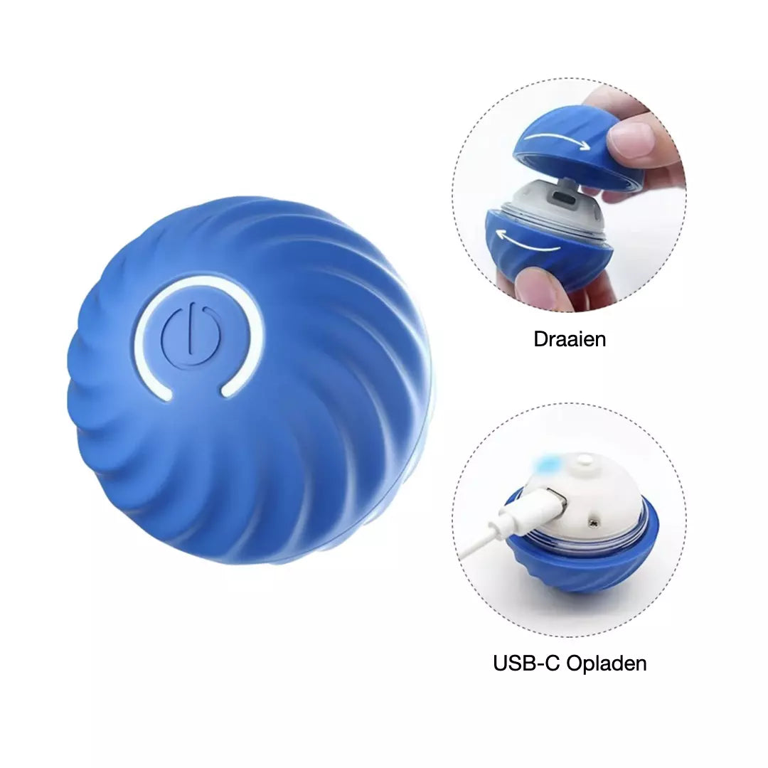 De zelfrollende speelbal voor honden en katten in de kleur blauw. De automatische bal is draaiend open te maken en op te laden via een USB-C kabel.