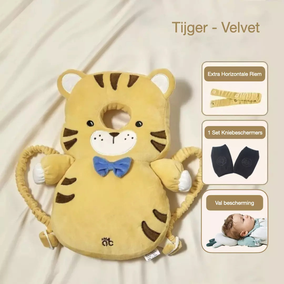 Het baby hoofdbeschermingskussen in de variant velvet tijger. Het valkussen heeft een horizontale riem, extra valbescherming en je ontvang een gratis set kniebeschermers.