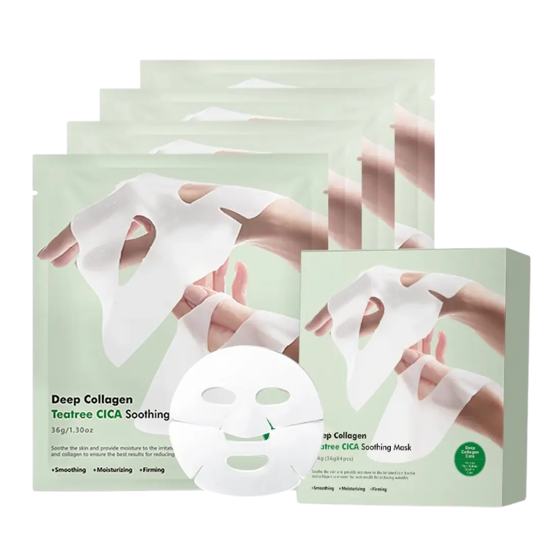 Het Deep Collagen Teatree CICA gezichtsmasker. Een kalmerend masker dat irritaties vermindert en de huid zuivert. Ideaal voor de gevoelige of onzuivere huid. Perfect voor de gevoelige huid - Huid met onzuiverheden.
