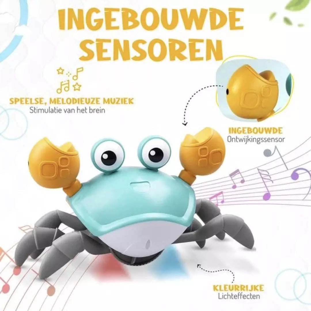 De bewegende krab met muziek in de kleur blauw.  Dit babyspeelgoed is perfect voor het stimuleren van motorische vaardigheden waaronder kruipen en leren lopen.