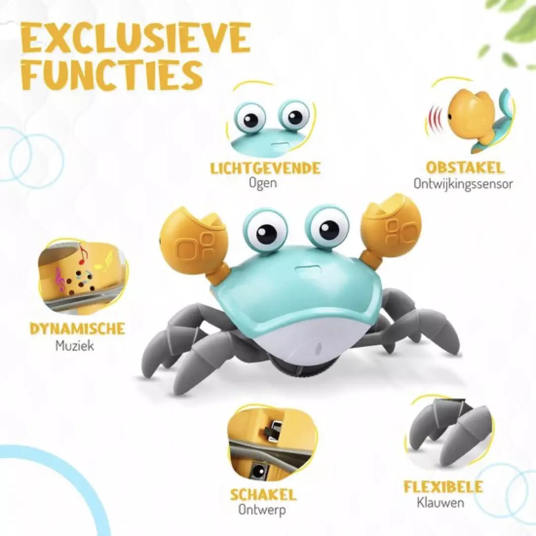 De bewegende krab met muziek in de kleur blauw.  Dit babyspeelgoed is perfect voor het stimuleren van motorische vaardigheden waaronder kruipen en leren lopen. De exclusieve functies van de bewegende krab worden uitgelicht.