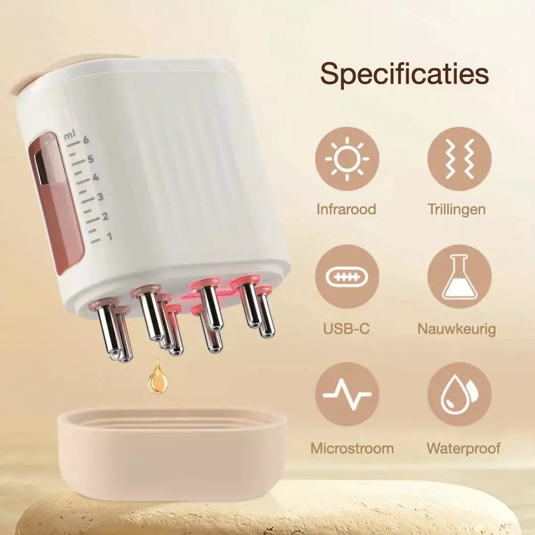 Infrarood Hoofdhuid Massage apparaat met olie applicator. Stimuleert haargroei en een gezondere hoofdhuid. De elektrische infrarood hoofdhuid massager is USB-C oplaadbaar en waterproof.