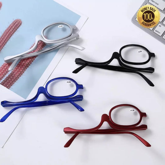 De Beautylens Make-up Bril in de kleur grijs, zwart, blauw en rood. Deze make-up bril is perfect voor brildragers die gemakkelijk hun make-up aan willen brengen, zonder zicht te verliezen.