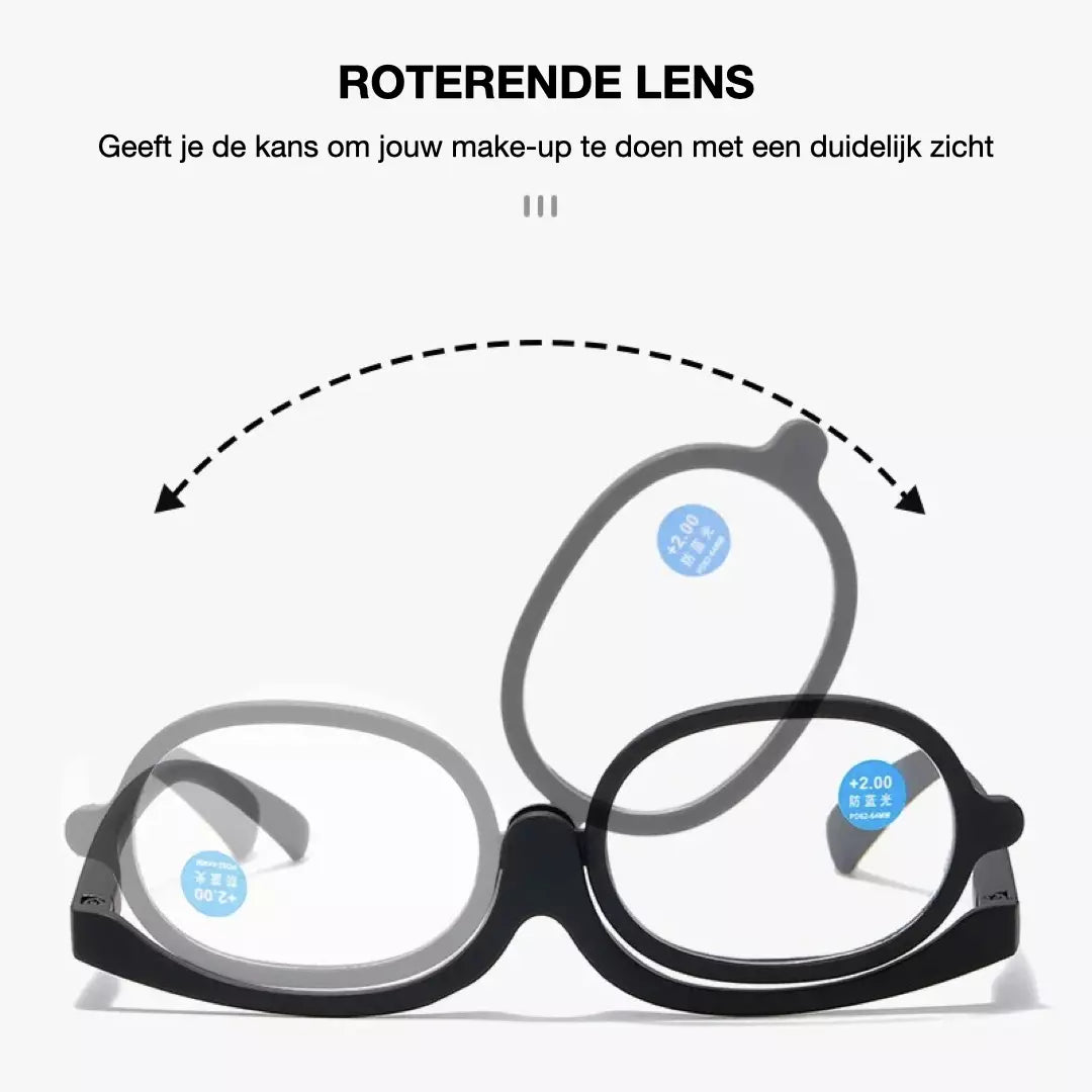 De roterende lens functie van de BeautyLens Make-up Bril wordt weergegeven. Met deze make-up bril kun je gemakkelijk je make-up brengen zonder je zicht te verliezen.