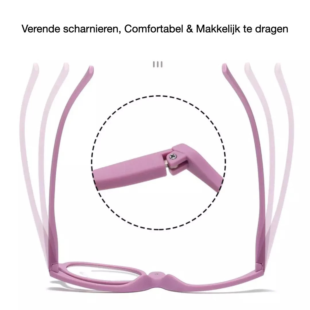 De details van de BeautyLens Make-up Bril worden weergegeven. De make-up bril heeft verende scharnieren, is comfortabel en gemakkelijk te dragen.