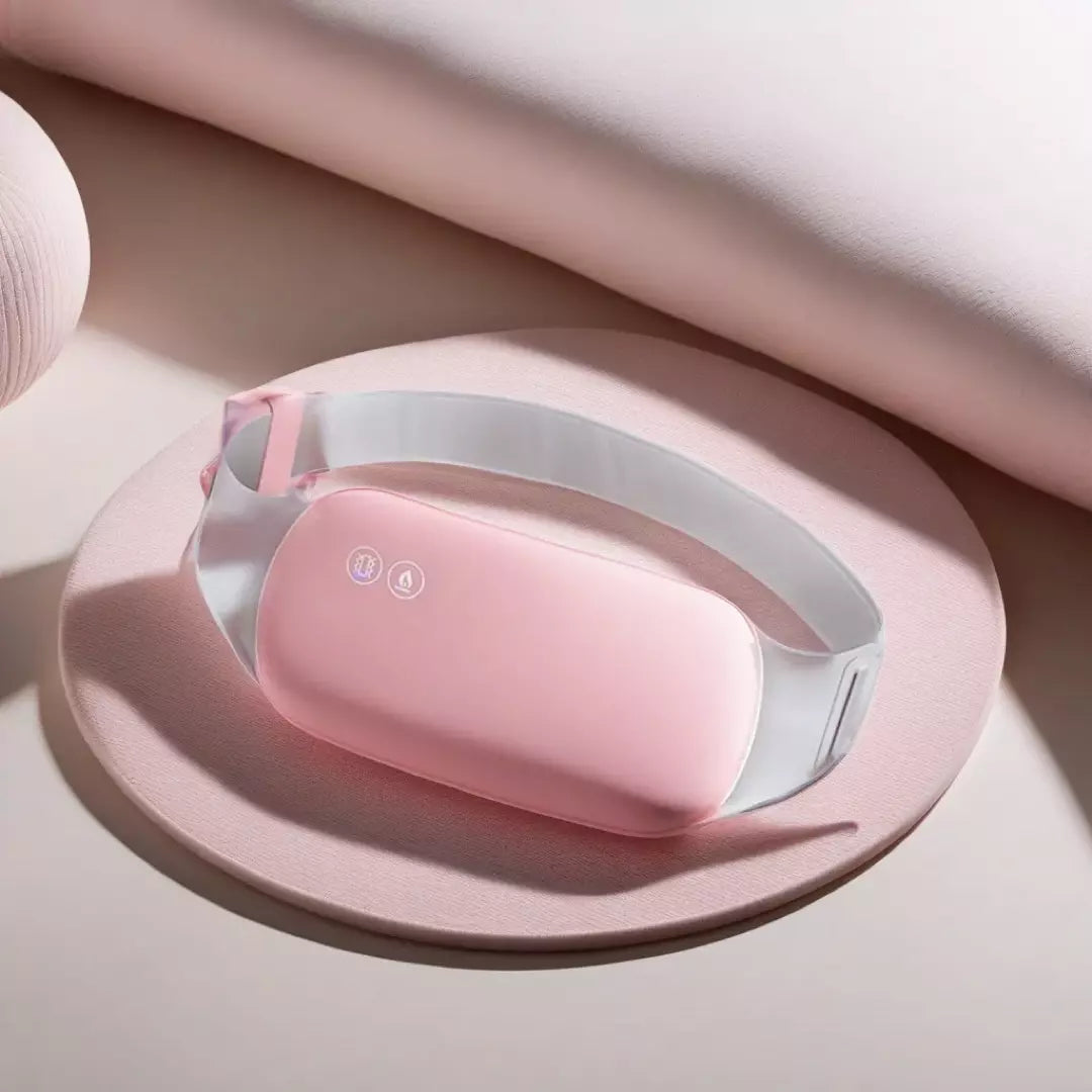 De ZenCycle Menstruatie Verwarmingspad, op een roze plateau. Dit verwarmingskussen helpt menstruatie pijn te verminderen, zodat jij pijnloos door jouw menstruatiecyclus kan.