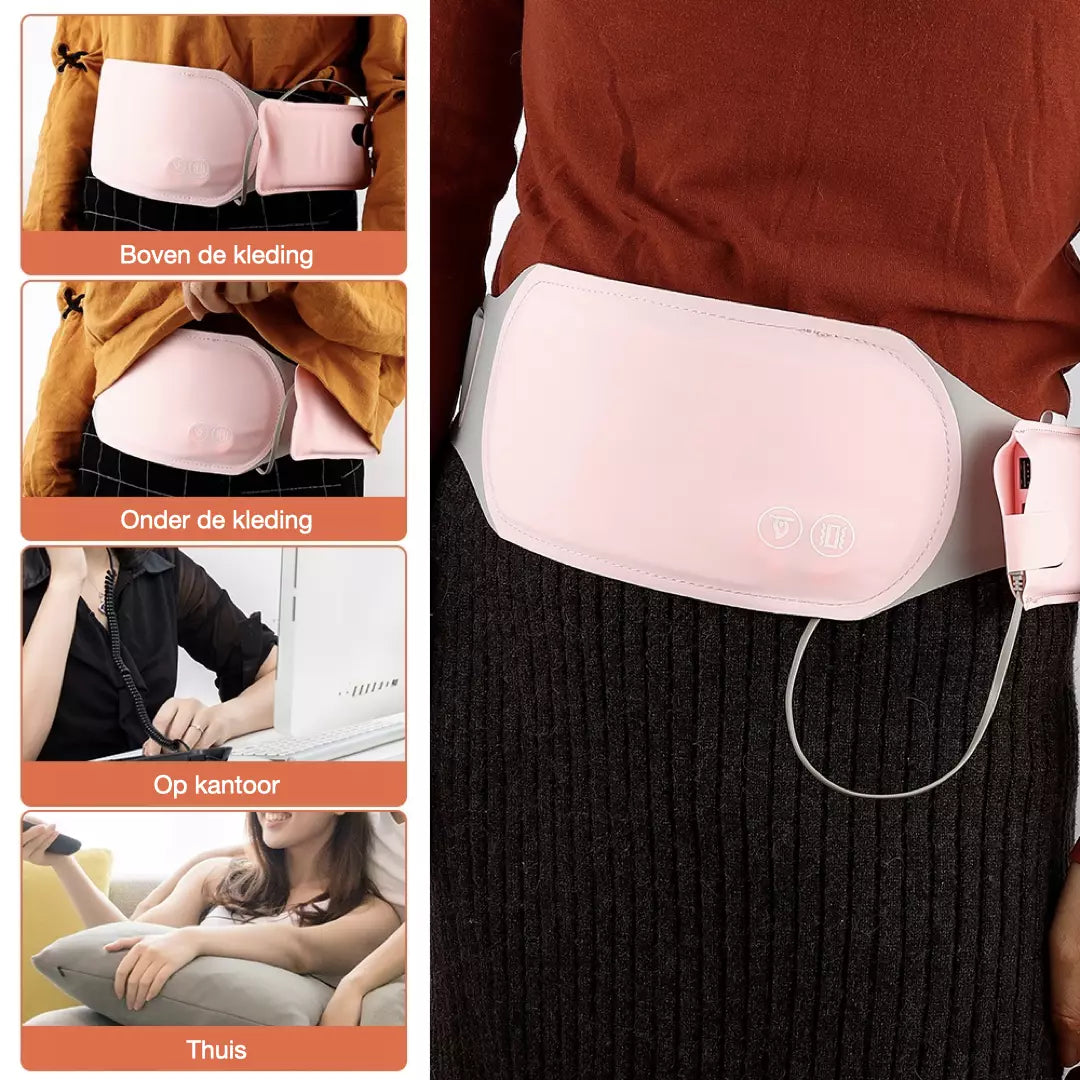 De ZenCycle menstruatiepad wordt gedragen door een model. Met daarnaast vier methoden afgebeeld hoe je het menstruatiekussen kunt gebruiken. Dit verwarmingskussen helpt menstruatie pijn te verminderen, zodat jij pijnloos door jouw menstruatiecyclus kan.