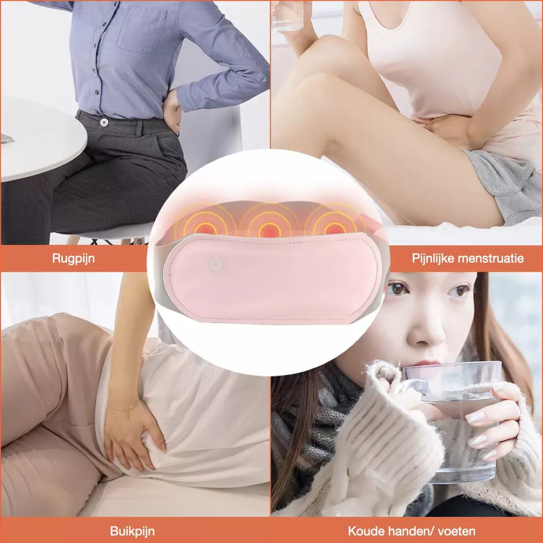 De ZenCycle menstruatiepad wordt gedragen door een model. Met daarnaast vier methoden afgebeeld hoe je het menstruatiekussen kunt gebruiken. Dit verwarmingskussen helpt menstruatie pijn te verminderen, zodat jij pijnloos door jouw menstruatiecyclus kan.