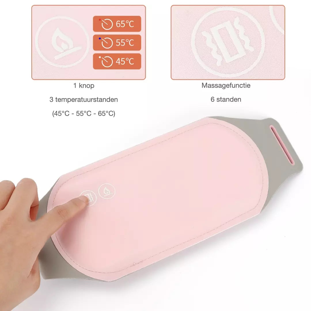De ZenCycle Menstruatie Verwarmingspad wordt aangezet door een model. Daarnaast worden de temperatuuropties weergegeven en de massagefuncties toegelicht. Dit verwarmingskussen helpt menstruatie pijn te verminderen, zodat jij pijnloos door jouw menstruatiecyclus kan.