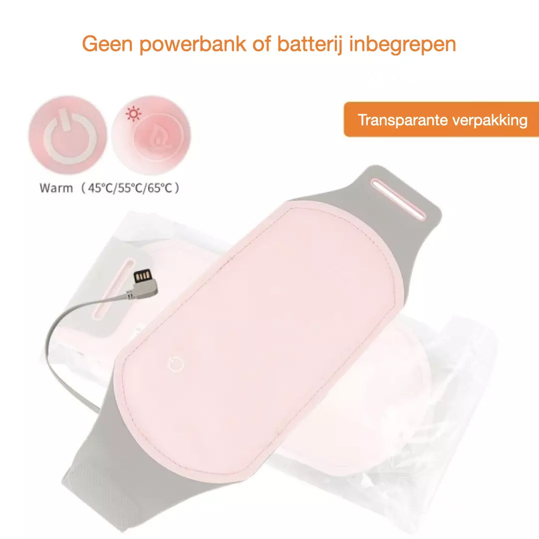 De ZenCycle Menstruatie Verwarmingspad wordt met kabel weergegeven en een transparante verpakking. De drie temperatuurinstellingen worden toegelicht en dat het pakket geen powerbank of batterij bevat. Dit is exclusief. Dit verwarmingskussen helpt menstruatie pijn te verminderen, zodat jij pijnloos door jouw menstruatiecyclus kan.
