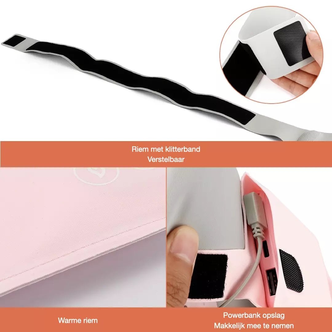 De klitteband sluiting van de ZenCycle Menstruatie Verwarmingspad is zichtbaar en versteldbaar. Daarnaast zit er ook een zakje aangesloten voor een powerbank. Dit verwarmingskussen helpt menstruatie pijn te verminderen, zodat jij pijnloos door jouw menstruatiecyclus kan.