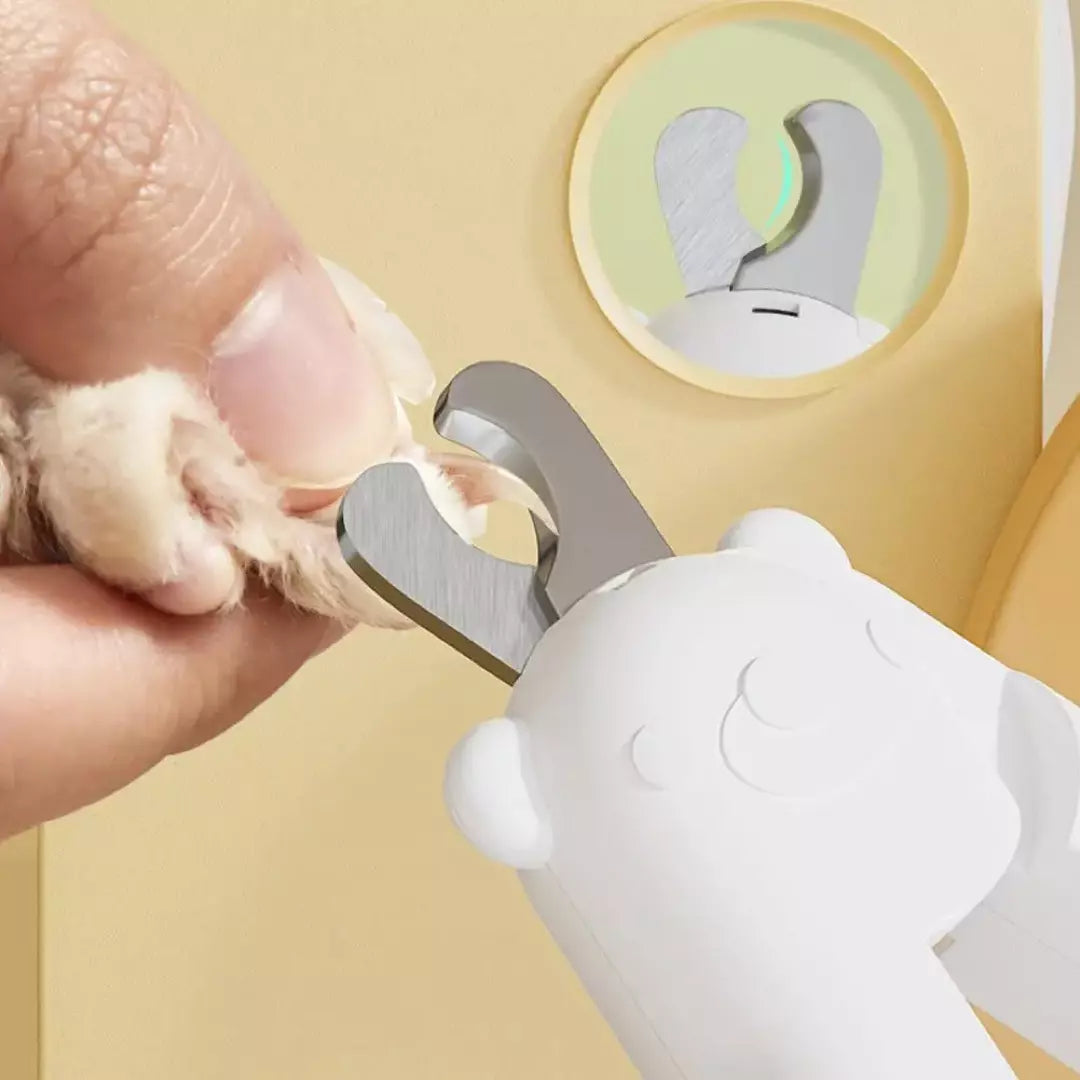 De nagelknipper voor huisdieren met ingebouwd LED licht wordt gebruikt bij een kat.