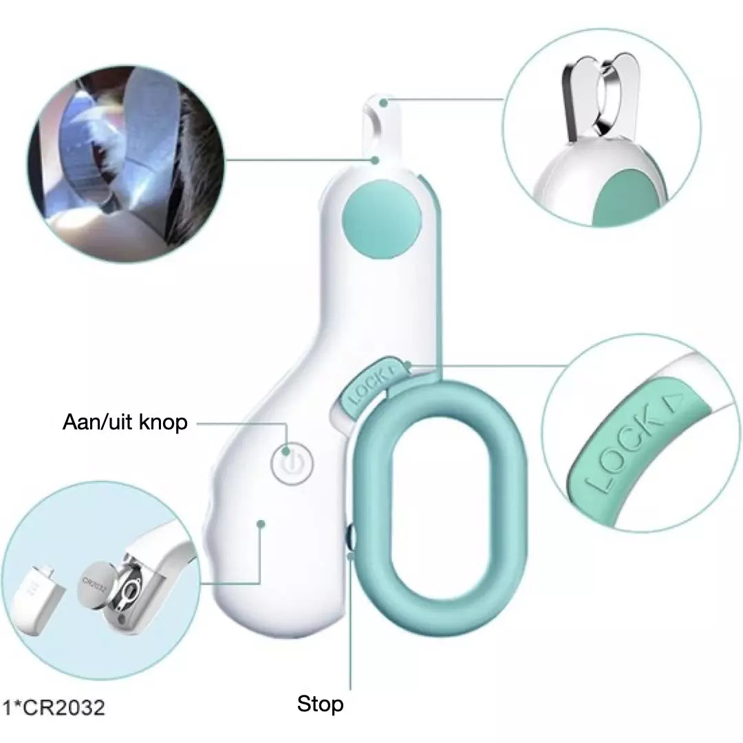 De blauwe nageknipper voor huisdieren met ingebouwd LED licht wordt weergegeven met daarnaast de details van de nagelknipper. De batterij die nodig is voor het LED licht van de nagelknipper voor huisdieren is ook te zien.