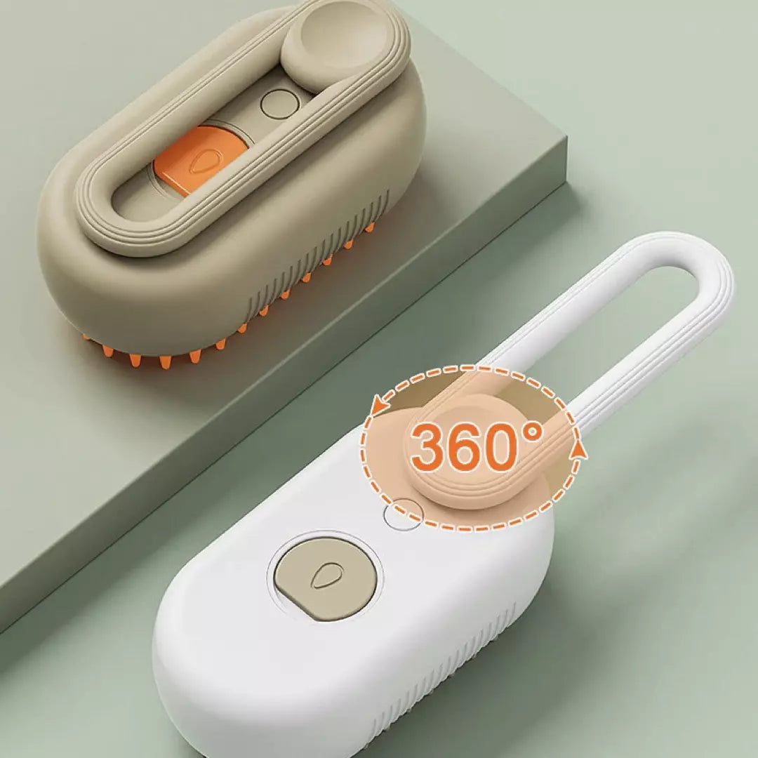 De stoomborstel voor katten en honden in de kleur khaki. Het 360 graden roterende handvat van de stoomborstel voor katten en honden wordt uitgelicht.