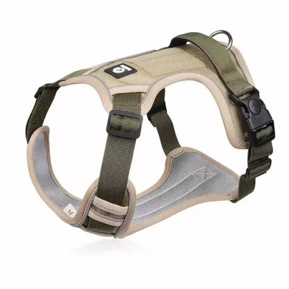 Het reflecterende honden harnas in de kleur khaki. 