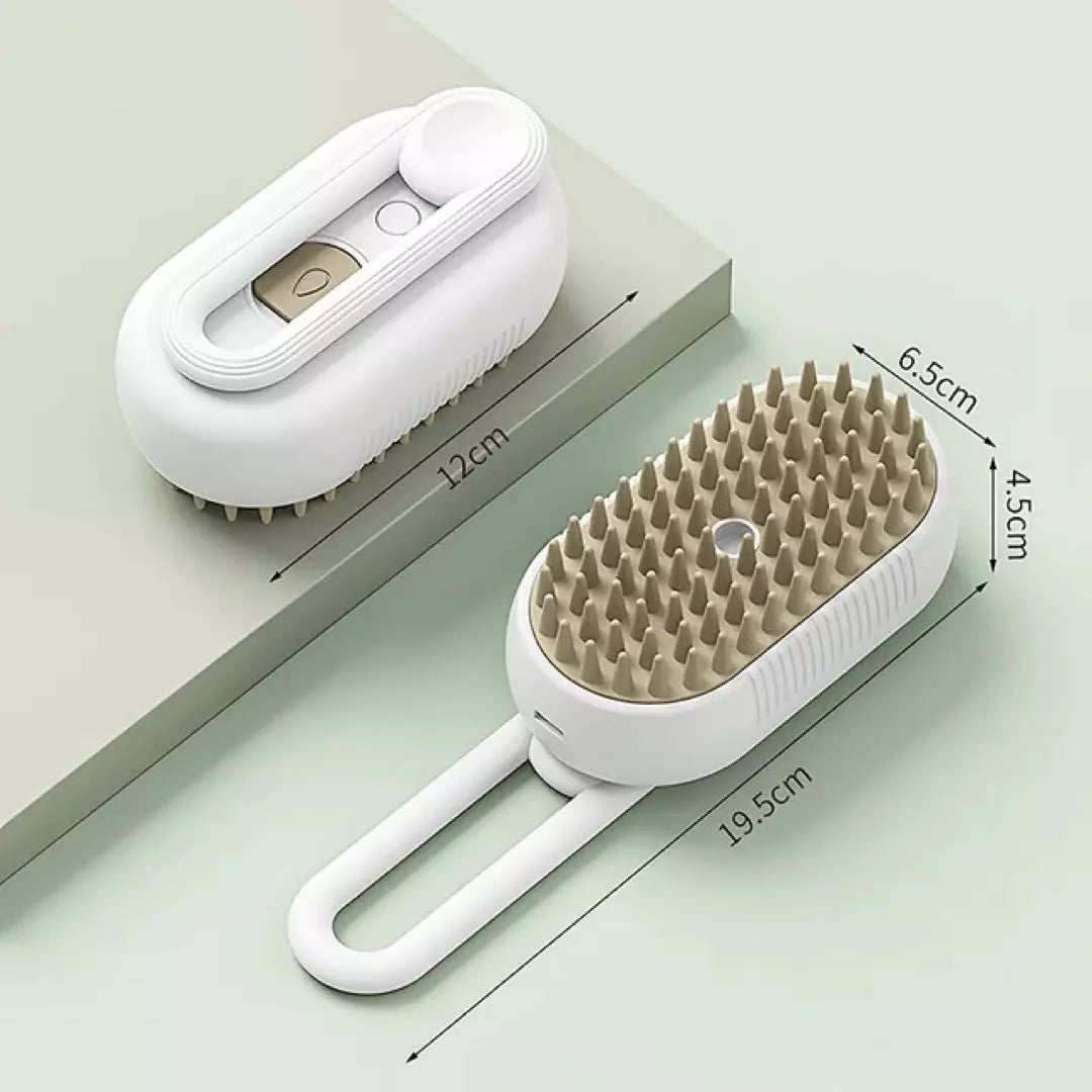 De stoomborstel voor katten en honden in de kleur wit. De afmetingen van de stoomborstel staan weergegeven. 